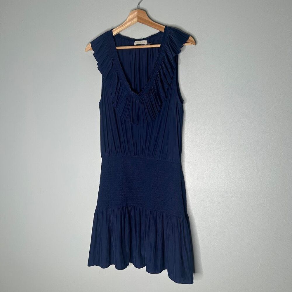 Ramy Brook Navy V-Neck Smocked Ruffle Mini Dress - Size Large